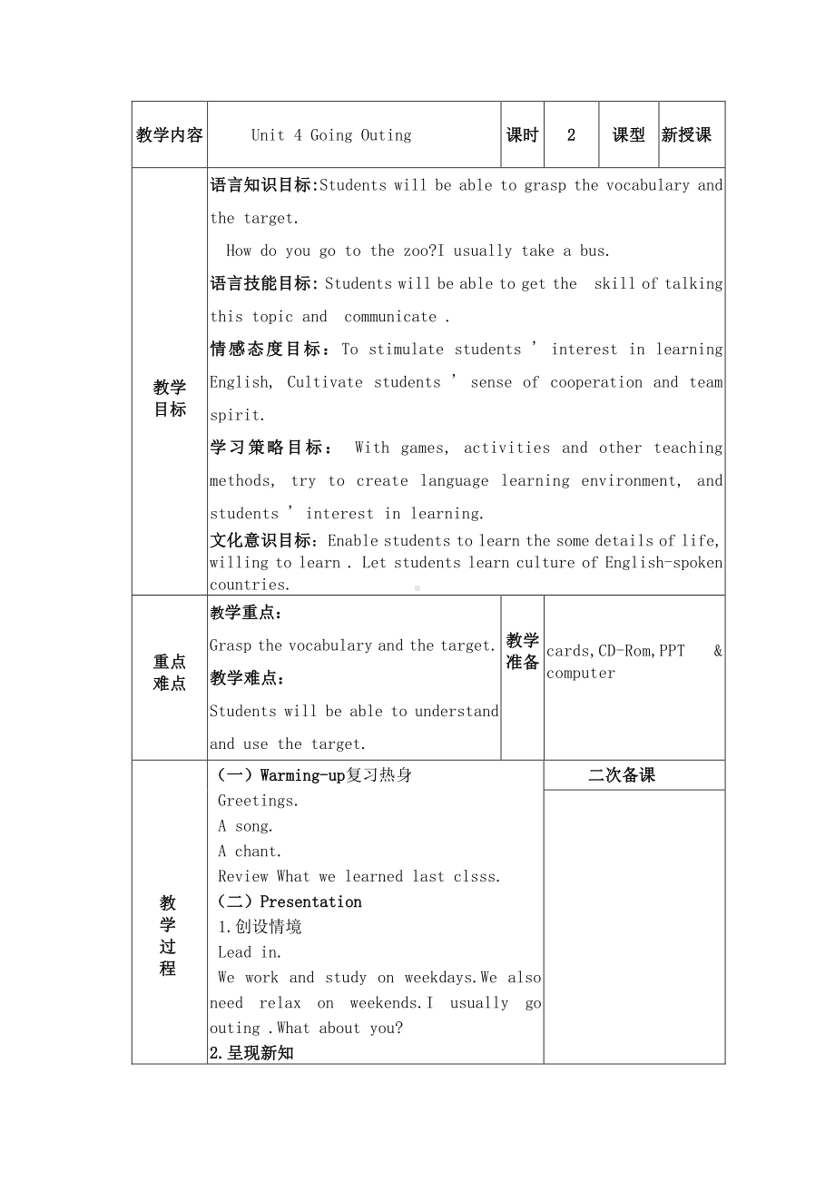 （广东）粤人版五年级下册英语Unit 4 Going Outing-Lesson 3-教案、教学设计--(配套课件编号：806f3).doc_第1页