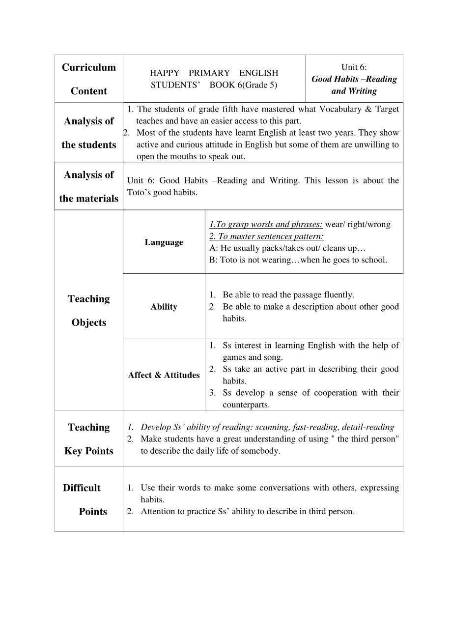 （广东）粤人版五年级下册英语Unit 6 Good Habits-Lesson 4-教案、教学设计--(配套课件编号：20273).doc_第1页