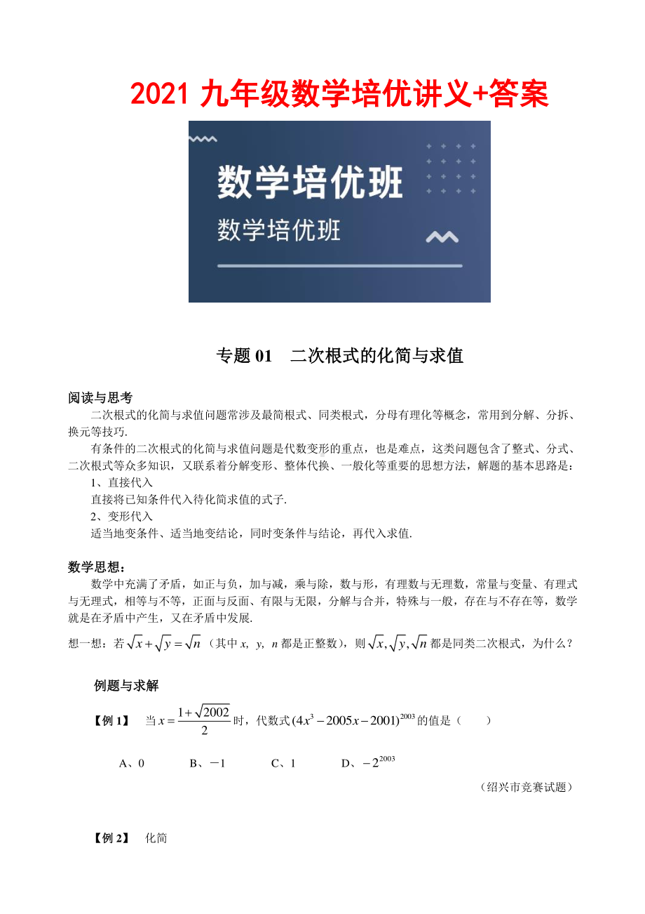 2021版 九年级数学培优讲义+答案.doc_第1页