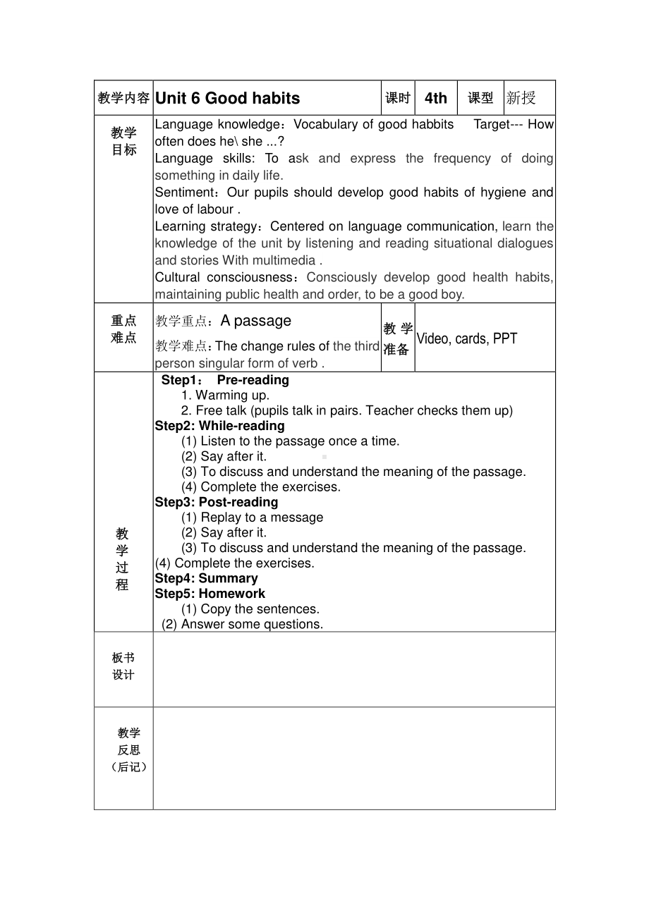 （广东）粤人版五年级下册英语Unit 6 Good Habits-Lesson 4-教案、教学设计--(配套课件编号：90221).docx_第1页