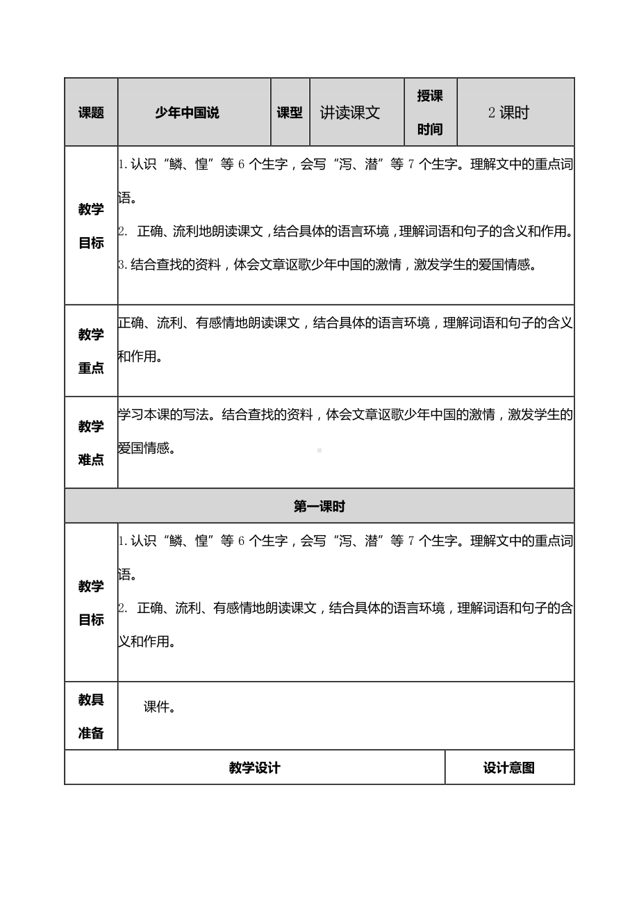 2019年部编人教版五年级语文第12课《少年中国说》优秀完整教学设计.docx_第1页