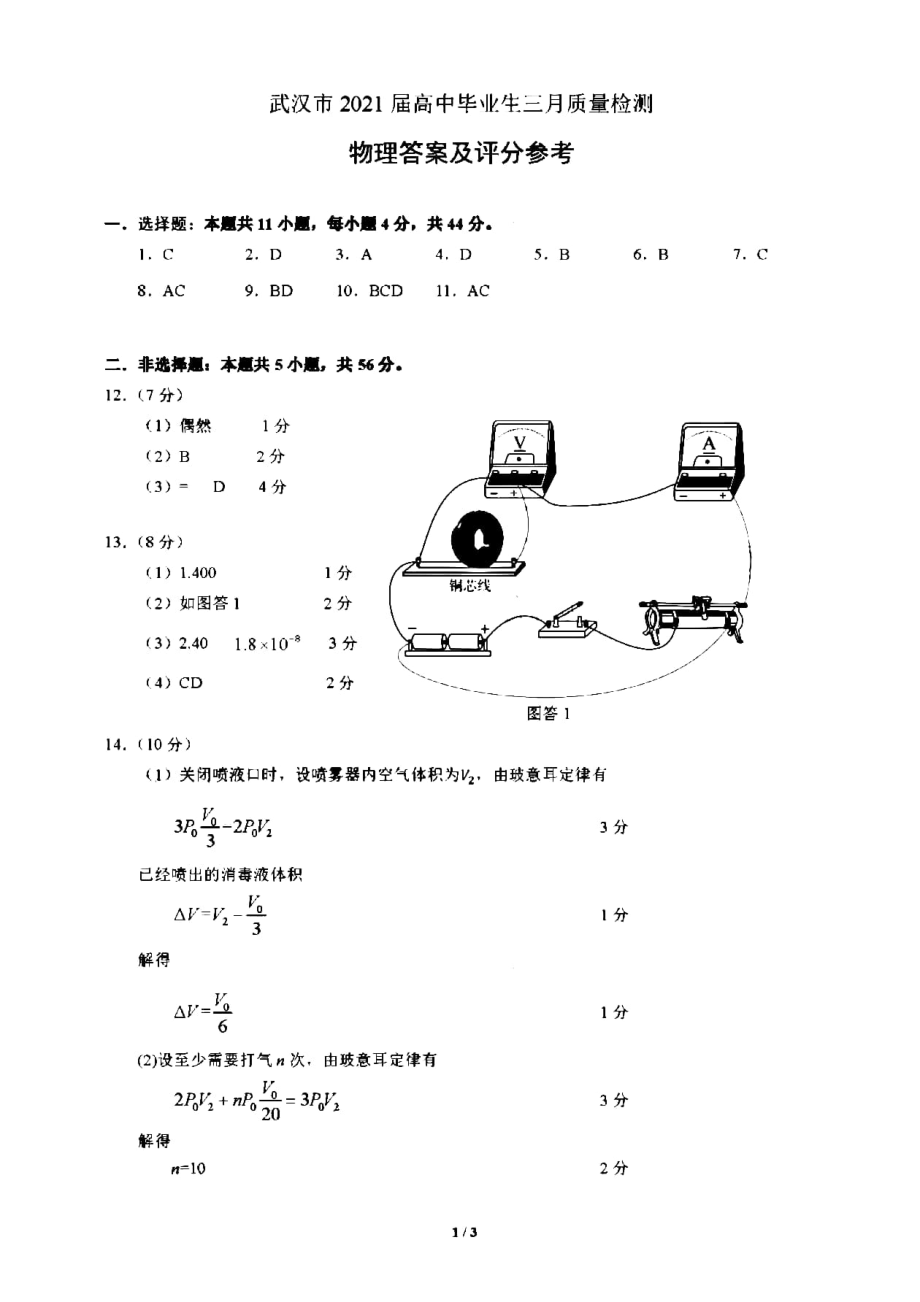 湖北省武汉市2021届高三3月质量检测物理试题 Word版含答案.zip