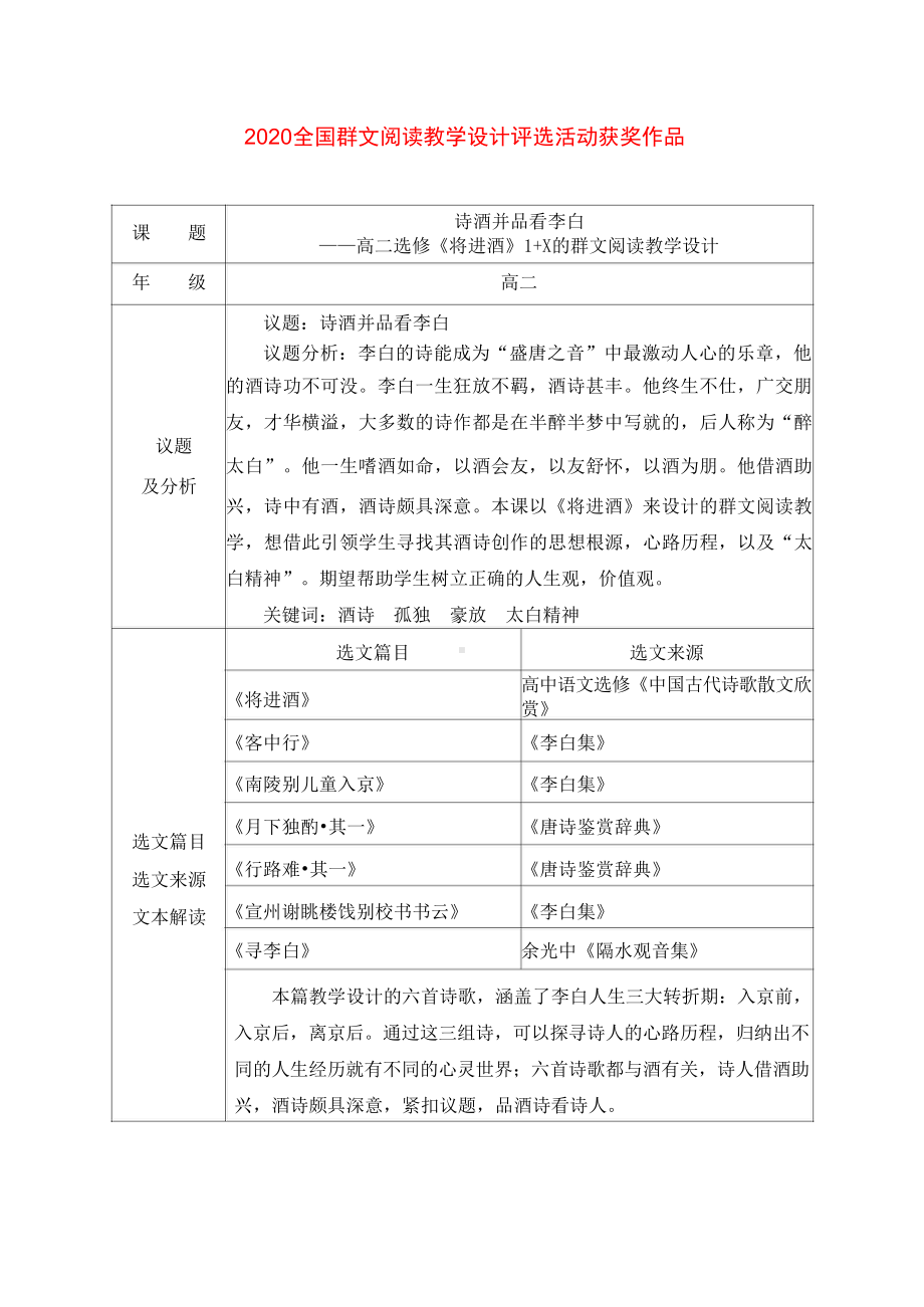 群文阅读：《诗酒并品看李白》高二选修《将进酒》1+X的群文阅读教学设计+选文 [2020全国群文阅读教学设计评选活动获奖作品]14.doc_第1页