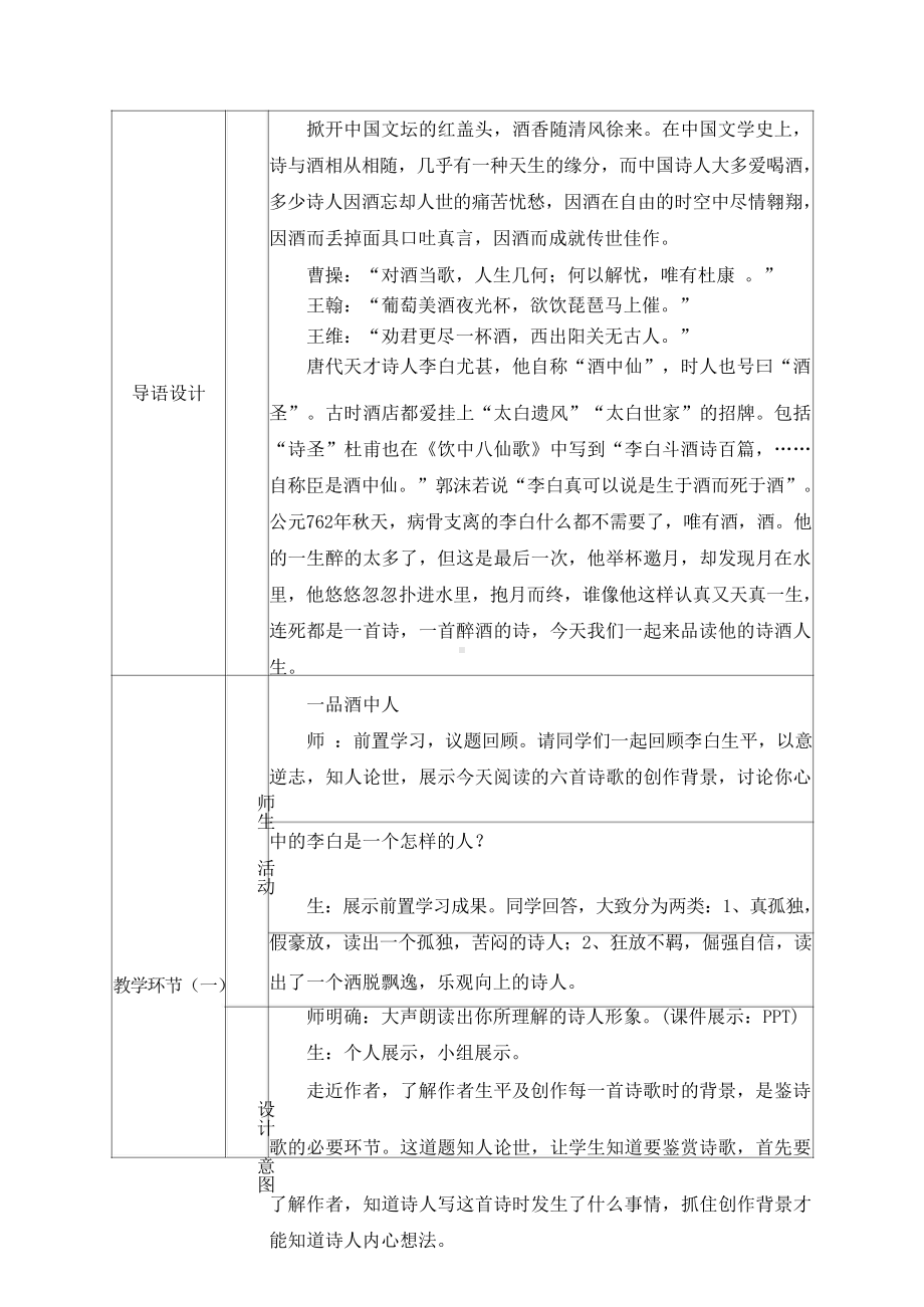 群文阅读：《诗酒并品看李白》高二选修《将进酒》1+X的群文阅读教学设计+选文 [2020全国群文阅读教学设计评选活动获奖作品]14.doc_第3页