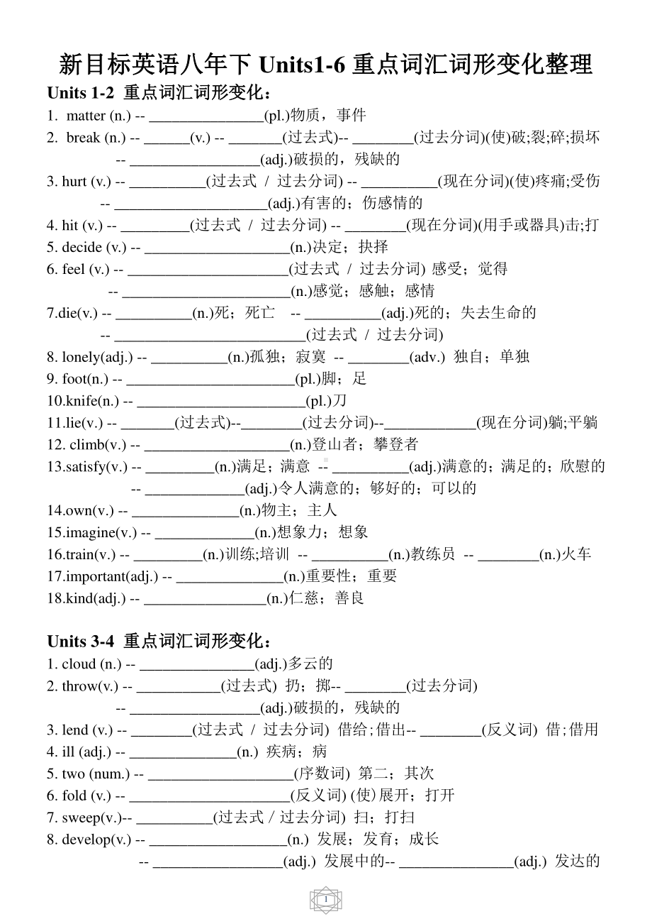 人教版go for it 八年级下册英语Units1-6重点词汇词形变化整理(有答案).docx_第1页