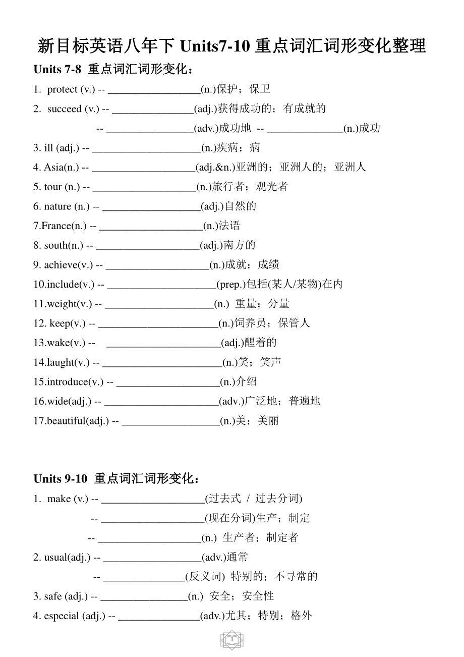 人教版go for it 八年级下册英语Units7-10重点词汇词形变化整理(有答案).docx_第1页