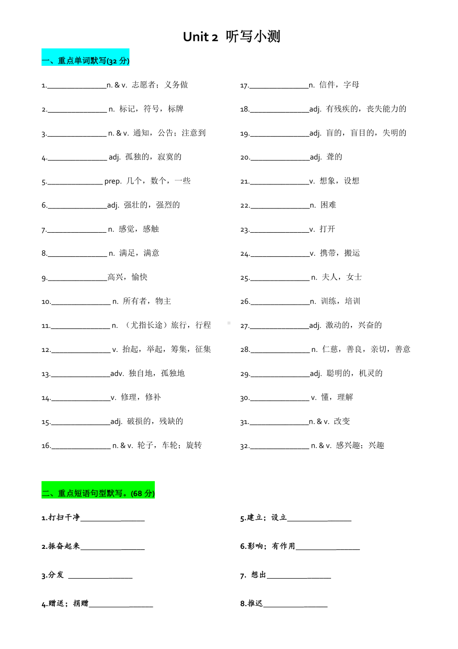 人教版go for it 八年级下册英语Unit2单词短语句型听写卡（无答案）.doc_第1页