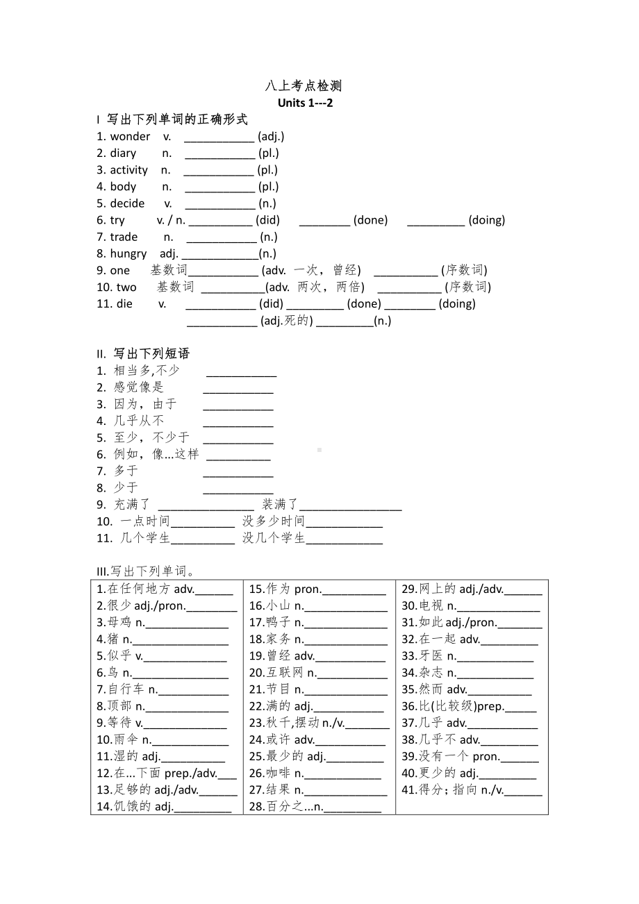 人教版go for it 八年级下册英语全部单元单词变形及短语测试（无答案）.doc_第1页