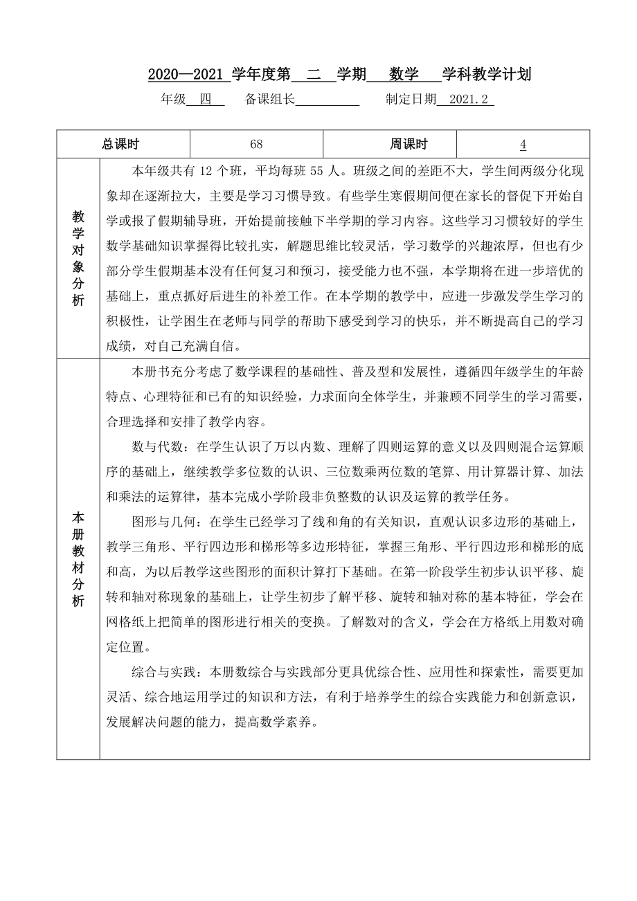 2021南京鼓楼区重点小学苏教版四年级数学下册教学计划.doc_第1页