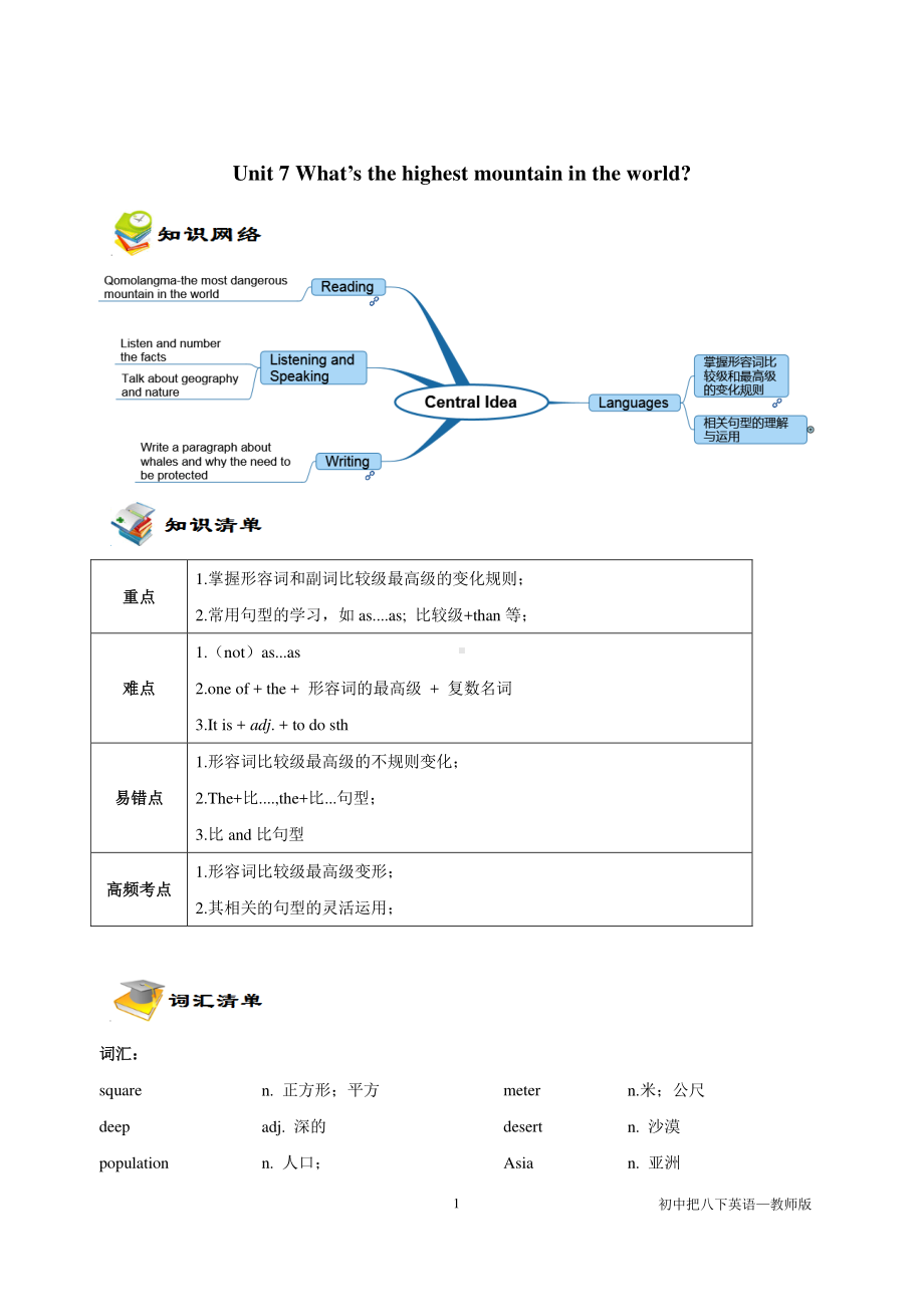 人教版八年级下册英语 Unit7 知识点+练习教师（含答案）.doc_第1页