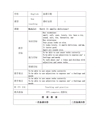 外研版八年级下册英语Module1 Unit 1 It smells delicious教案 (3).doc