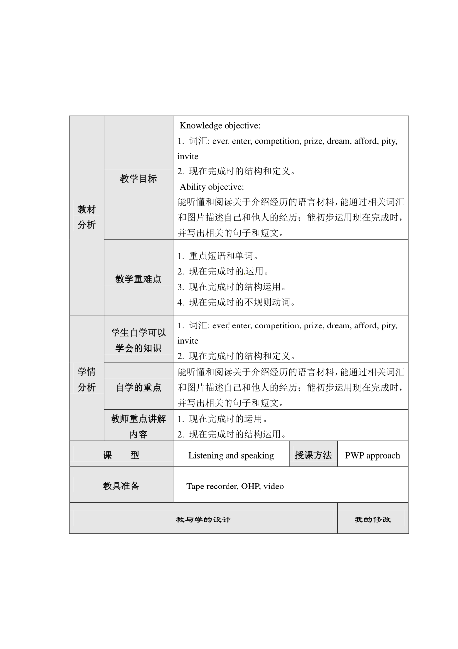 外研版八年级下册英语Module 2Experiences Unit 1I ' ve also entered lots of speaking competitions教案.doc_第1页