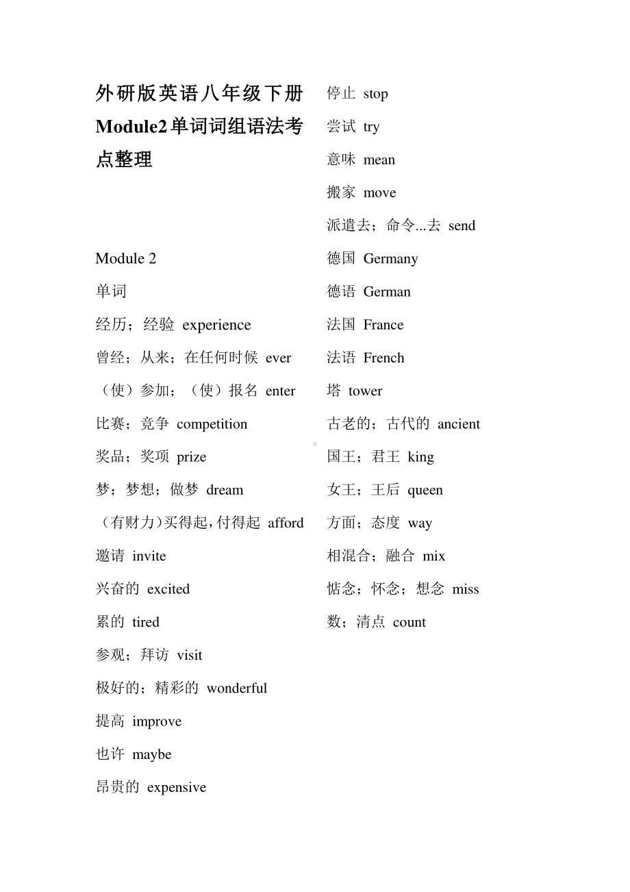 外研版八年级下册英语Module2 单词词组语法考点整理（含答案）.docx_第1页