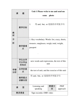 外研版八年级下册英语Module7Unit 1 Please write to me and send me somephoto教案.docx