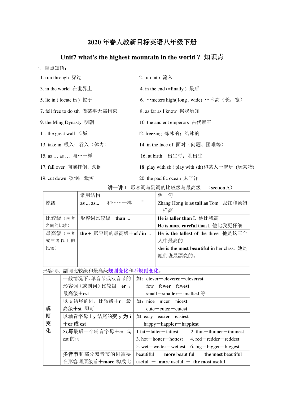 2021年春人教新目标英语八年级下册 Unit7 知识点分析与练习（无答案）.doc_第1页