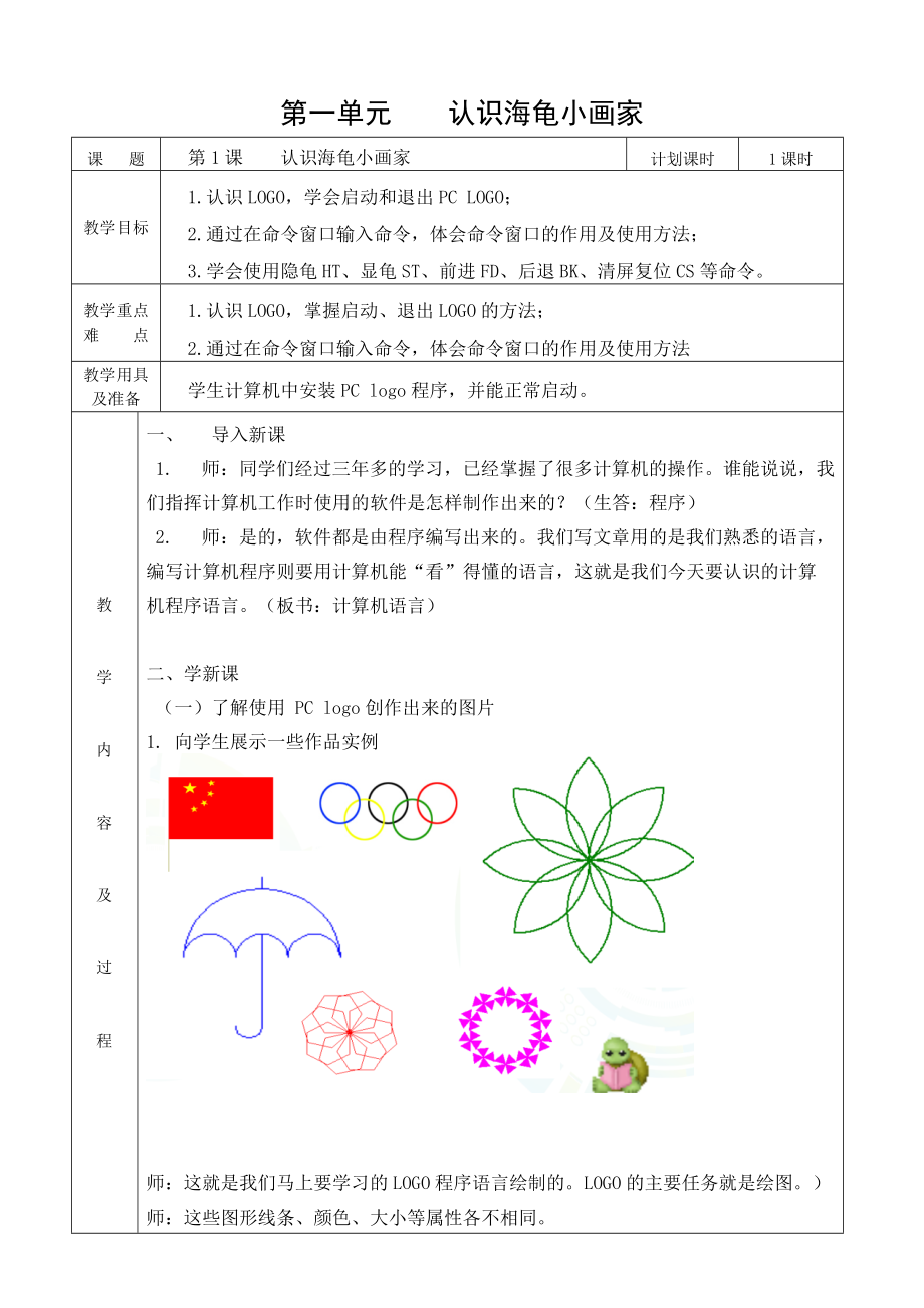 （精）人教版六年级下册信息技术 第1课 认识海龟小画家 ppt课件+教案.zip