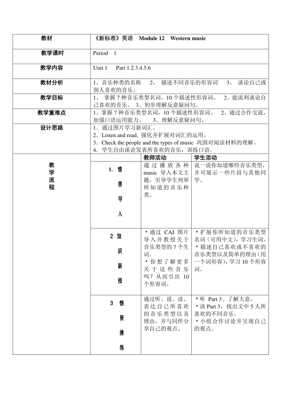 外研版七年级下册英语Module 12 Western music 全模块教案.doc_第1页