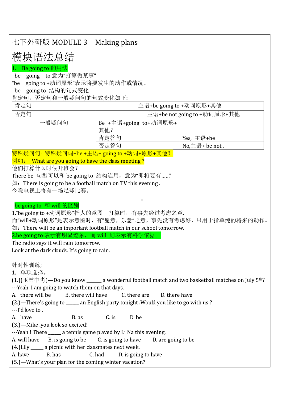 外研版七年级下册英语MODULE 3Making plans知识语法点.doc_第1页