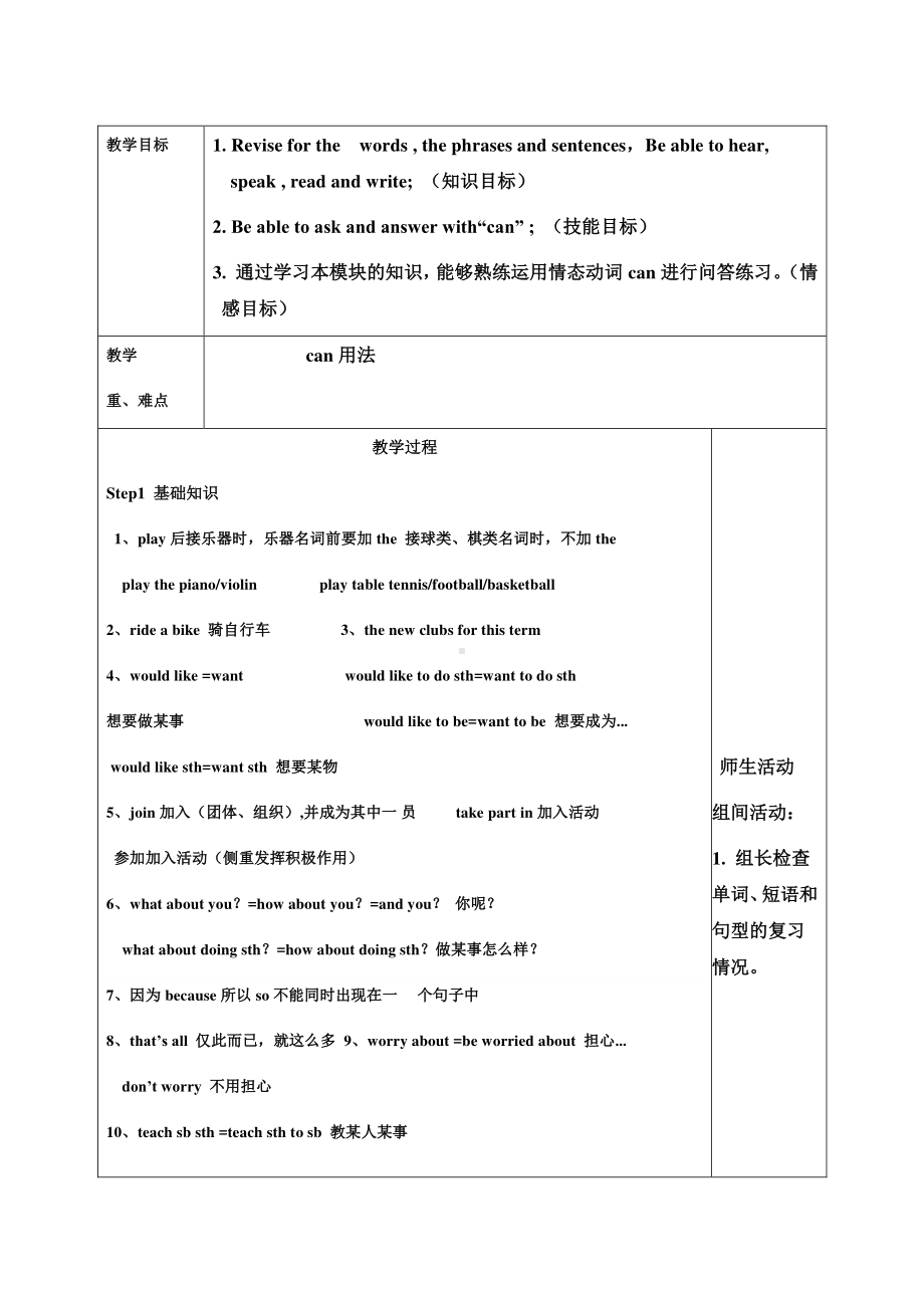 外研版七年级下册英语集体备课教案：Module2（复习课） (1).doc_第1页