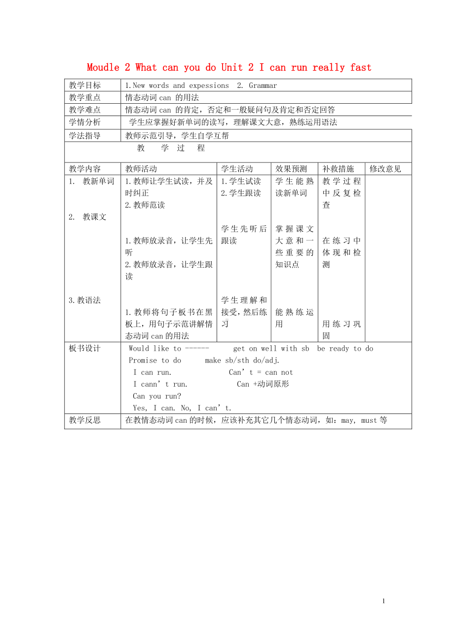 外研版七年级下册英语Moudle 2 What can you do Unit 2 I can run really fast教案2.doc_第1页