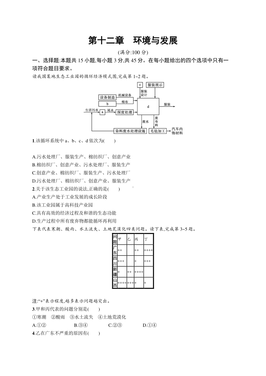 2022年（新教材人教版）新高考地理一轮复习专题测试：第十二章　环境与发展.docx_第1页