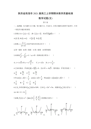 2021届陕西省商洛市高三上学期文科数学期末测试题及答案.docx