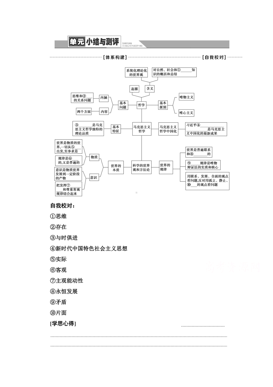 （新教材）高中政治人教版（2019）必修4教学案：第一单元　探索世界与把握规律 单元小结与测评（含解析）.doc_第1页