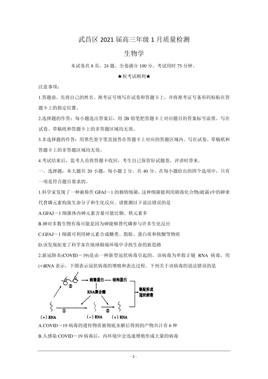 湖北省武汉市武昌区2021届高三1月质量检测 生物 Word版含答案.doc_第1页