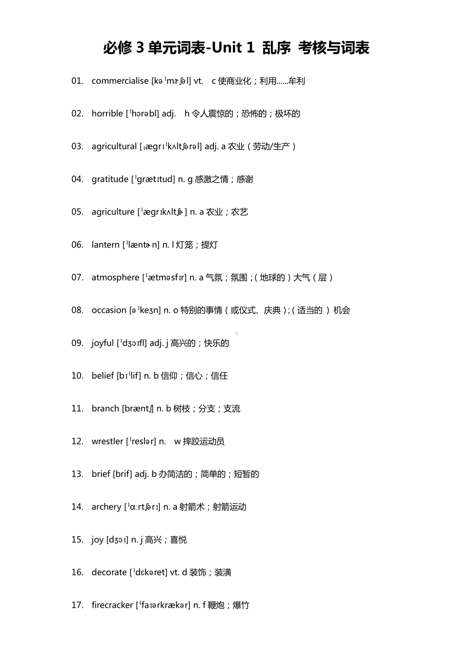 2019新教材人教版必修3单元词表Unit 1 乱序 词表与考核.docx_第1页