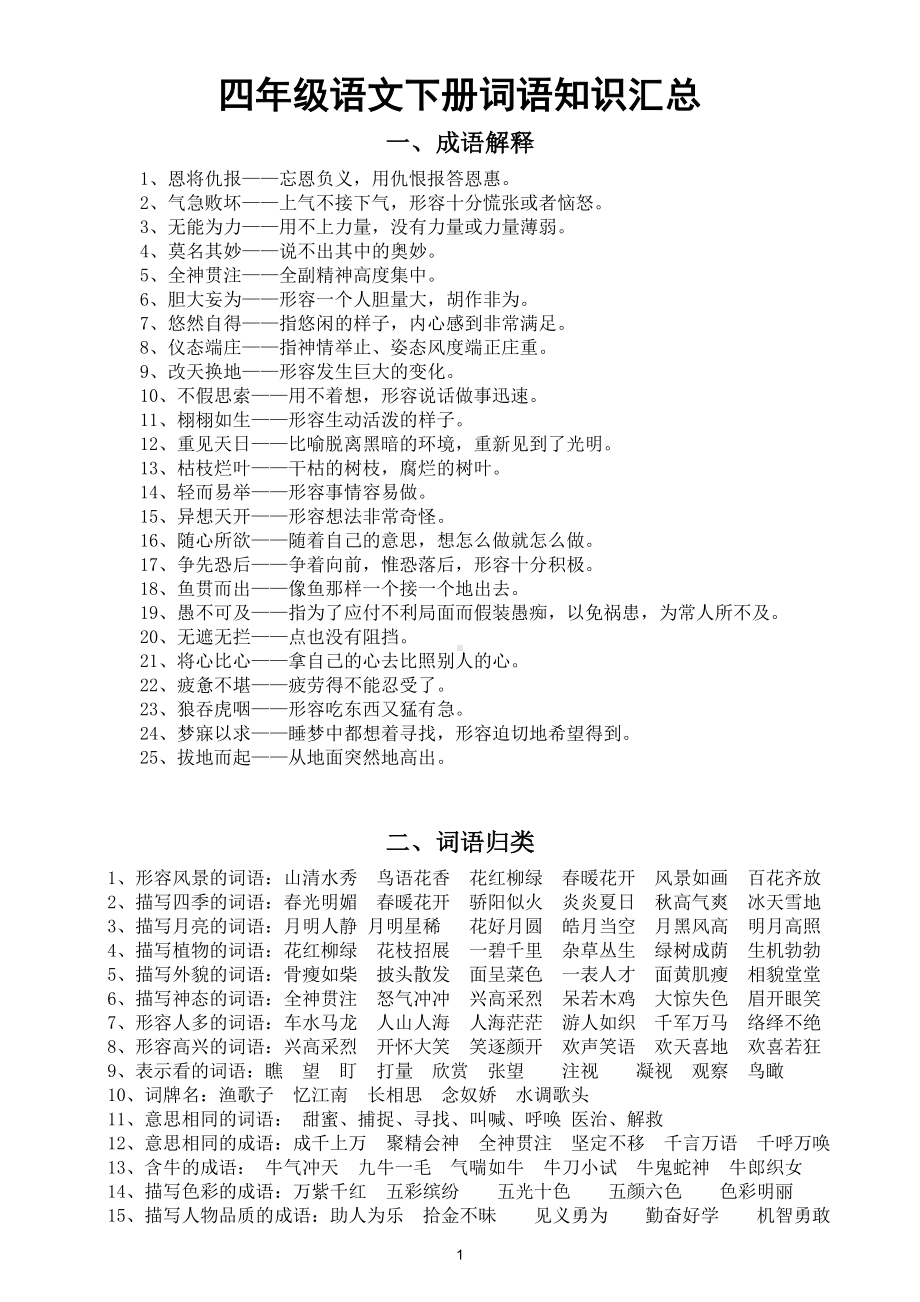 小学语文部编版四年级下册成语解释归类、近反义词汇总（直接打印每生一份熟记）.doc_第1页