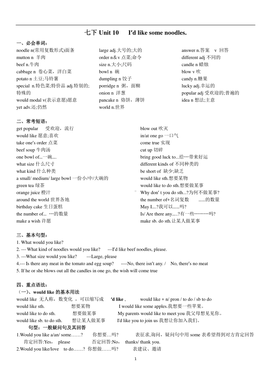 人教版七年级下册英语Unit10知识清单+习题 （含答案）.docx_第1页