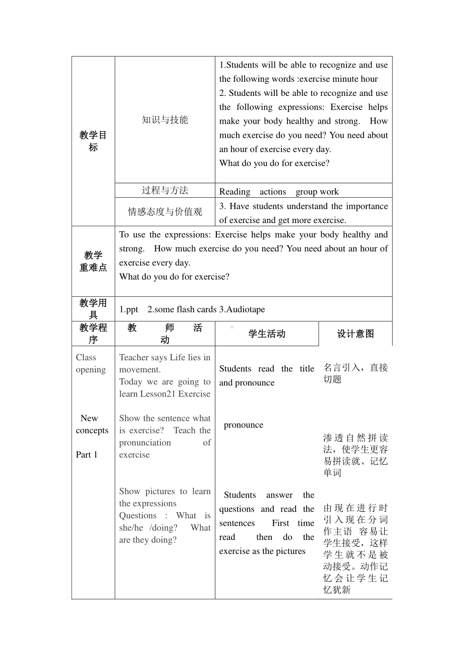 冀教版（一起）五下-Unit 4 Good Habits-Lesson 21 Exercise!-教案、教学设计--(配套课件编号：e04bc).doc_第1页