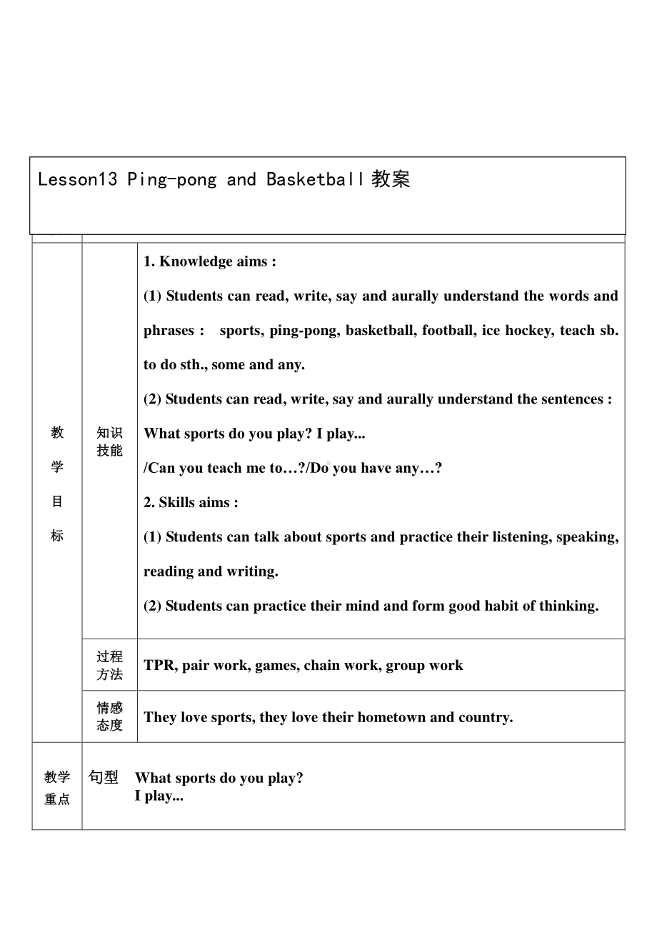 冀教版（一起）五下-Unit 3 We Love Sports-Lesson 13 Ping-pong and Basketball-教案、教学设计--(配套课件编号：e08d4).docx_第1页