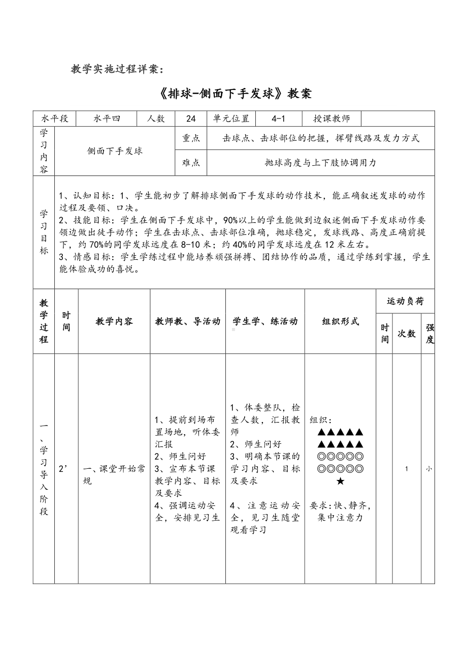 2020—2021学年人教版七年级体育全一册-第5章排球《排球-侧面下手发球》教案.doc_第1页