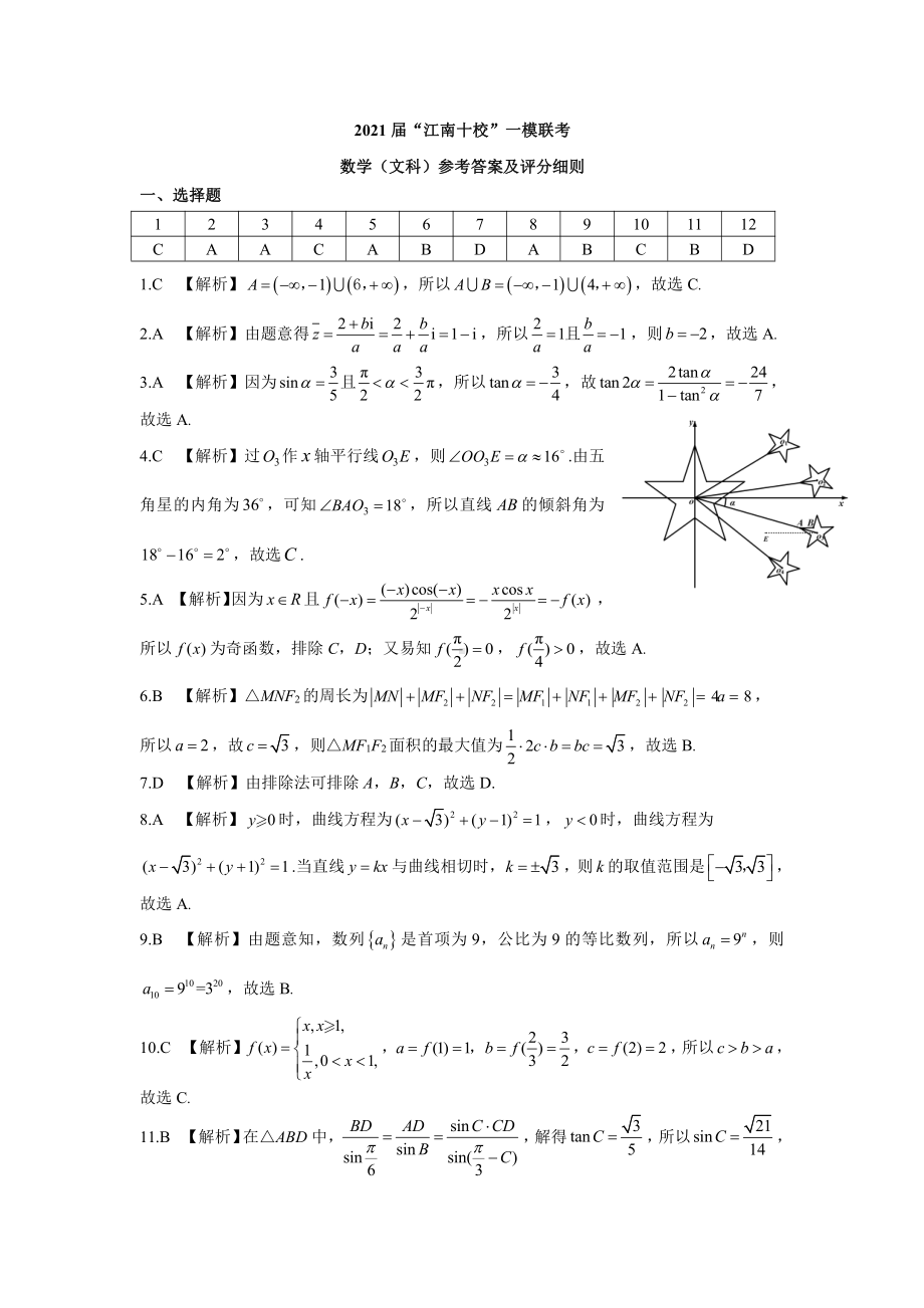 安徽省江南十校2021届高三下学期一模联考文科数学试题答案.pdf_第1页