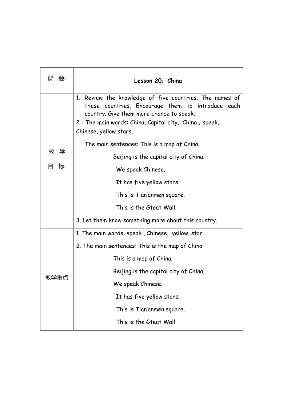 冀教版（一起）四下-Unit 4 Countries We Know-Lesson 20 China-教案、教学设计-公开课-(配套课件编号：5140f).doc_第1页