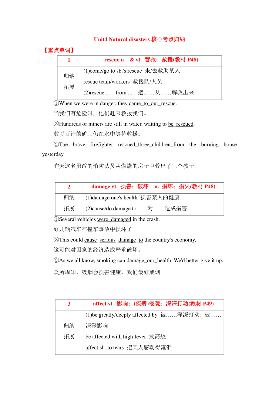 2019新人教版高中英语必修第一册Unit4 Natural disasters核心考点归纳.doc_第1页