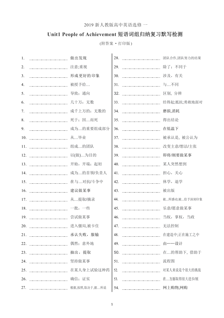 2019新人教版高中英语选修第一册短语词组归纳复习默写检测题（全册5份打包）.zip