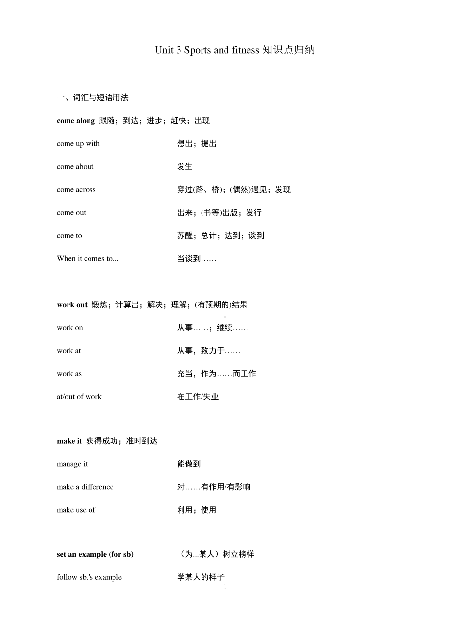 2019新人教版高中英语必修第一册Unit 3 Sports and fitness 知识点归纳.docx_第1页