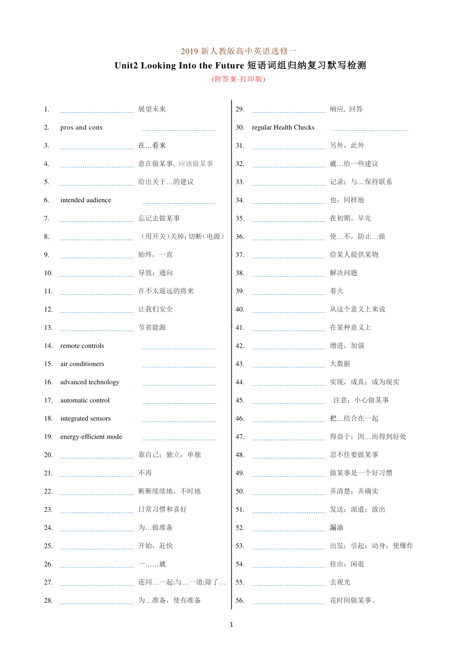2019新人教版高中英语选修第一册Unit2 Looking Into the Future短语词组归纳复习默写检测(附答案·打印版).docx_第1页