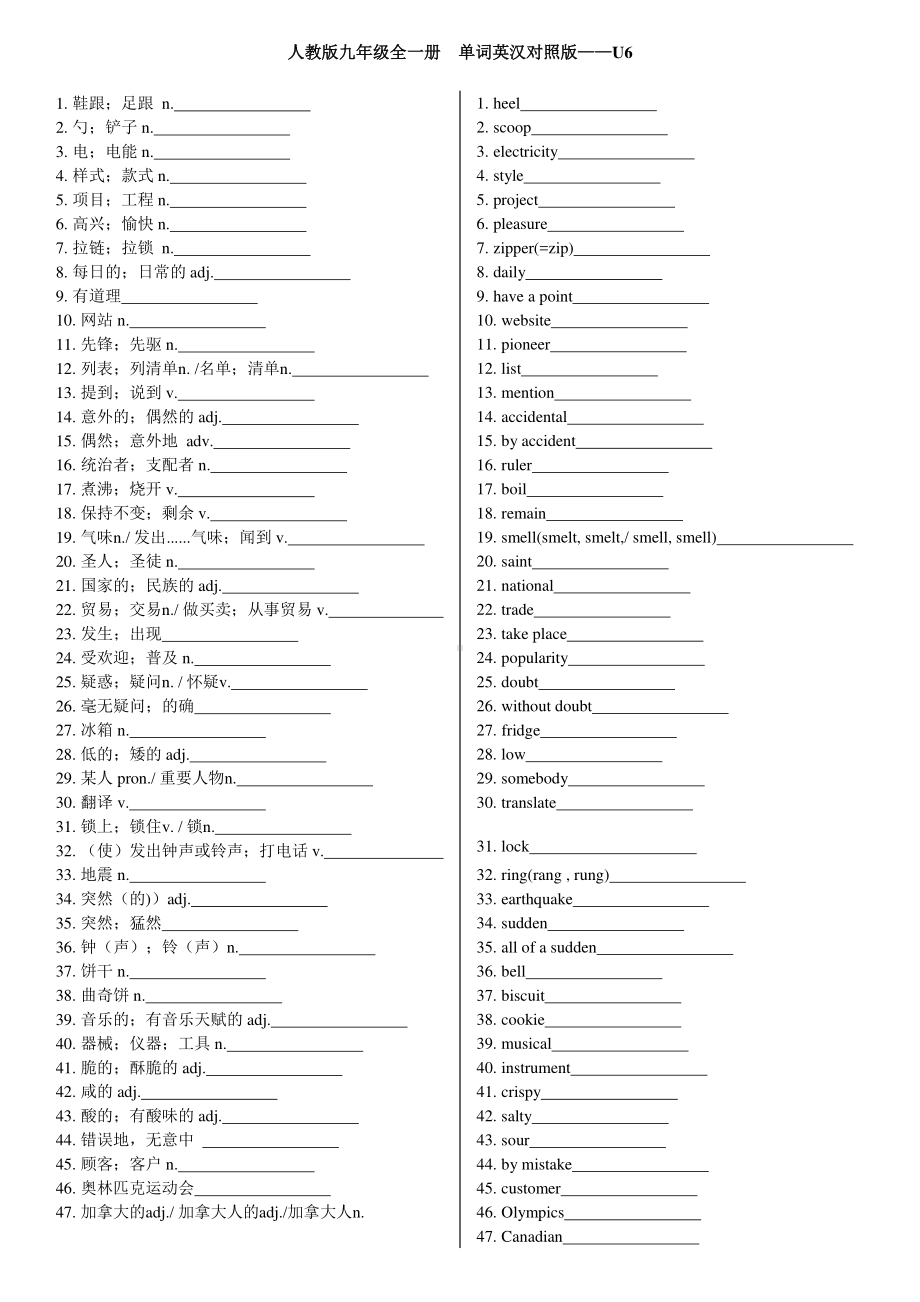 人教版新目标九年级全一册英语 单词英汉对照版-Unit6.docx_第1页