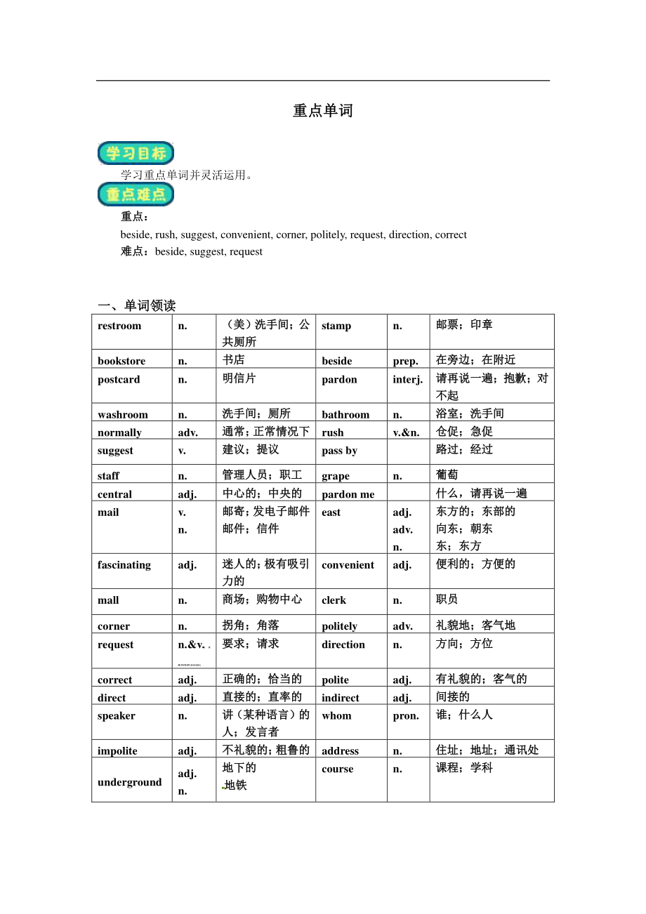 人教版九年级全册英语 Unit 3 Could you please tell me where the restrooms are复习教案.doc_第1页