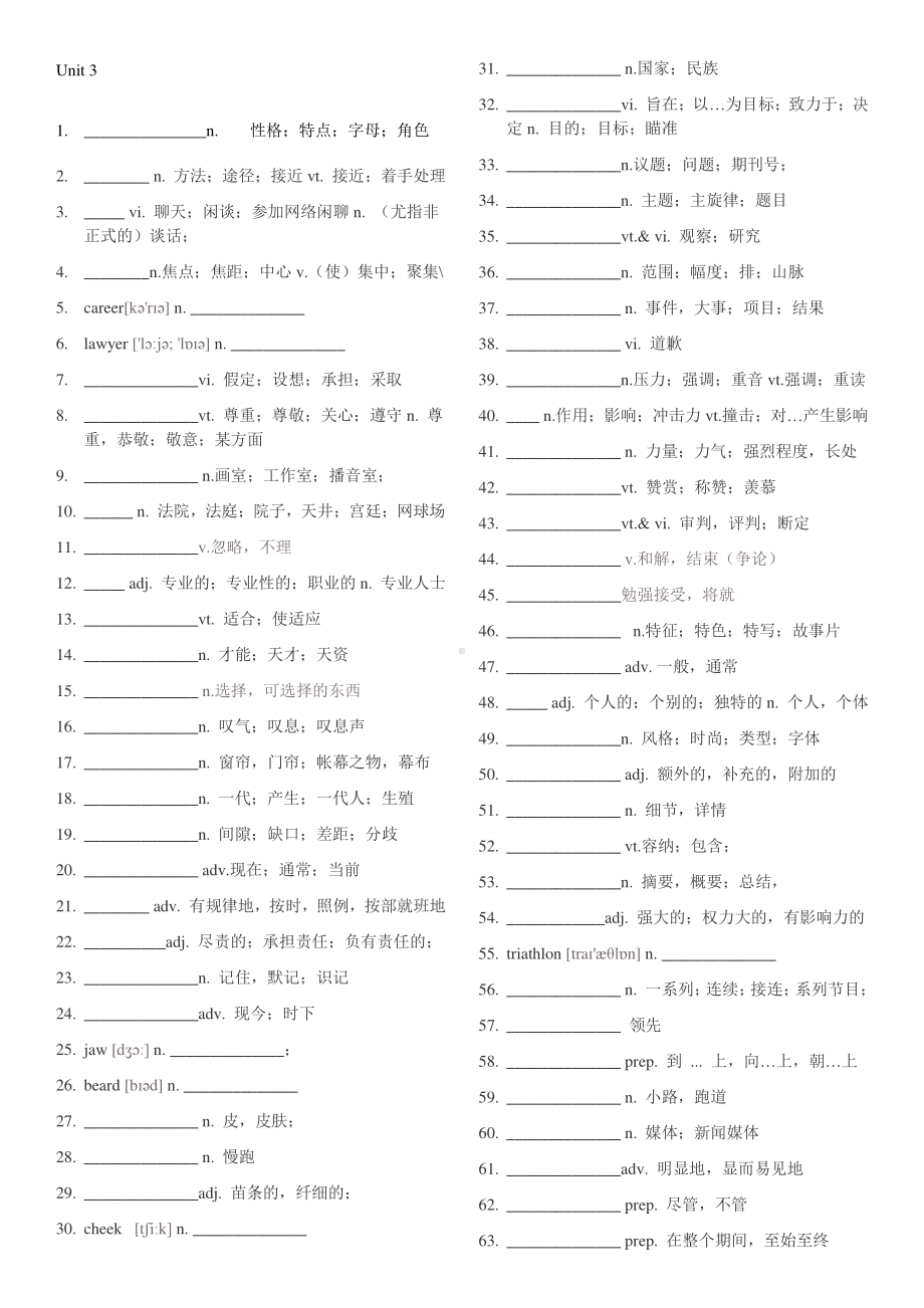 2021新外研版高中英语必修第一册课文单词unit3单词 默写版.doc_第1页