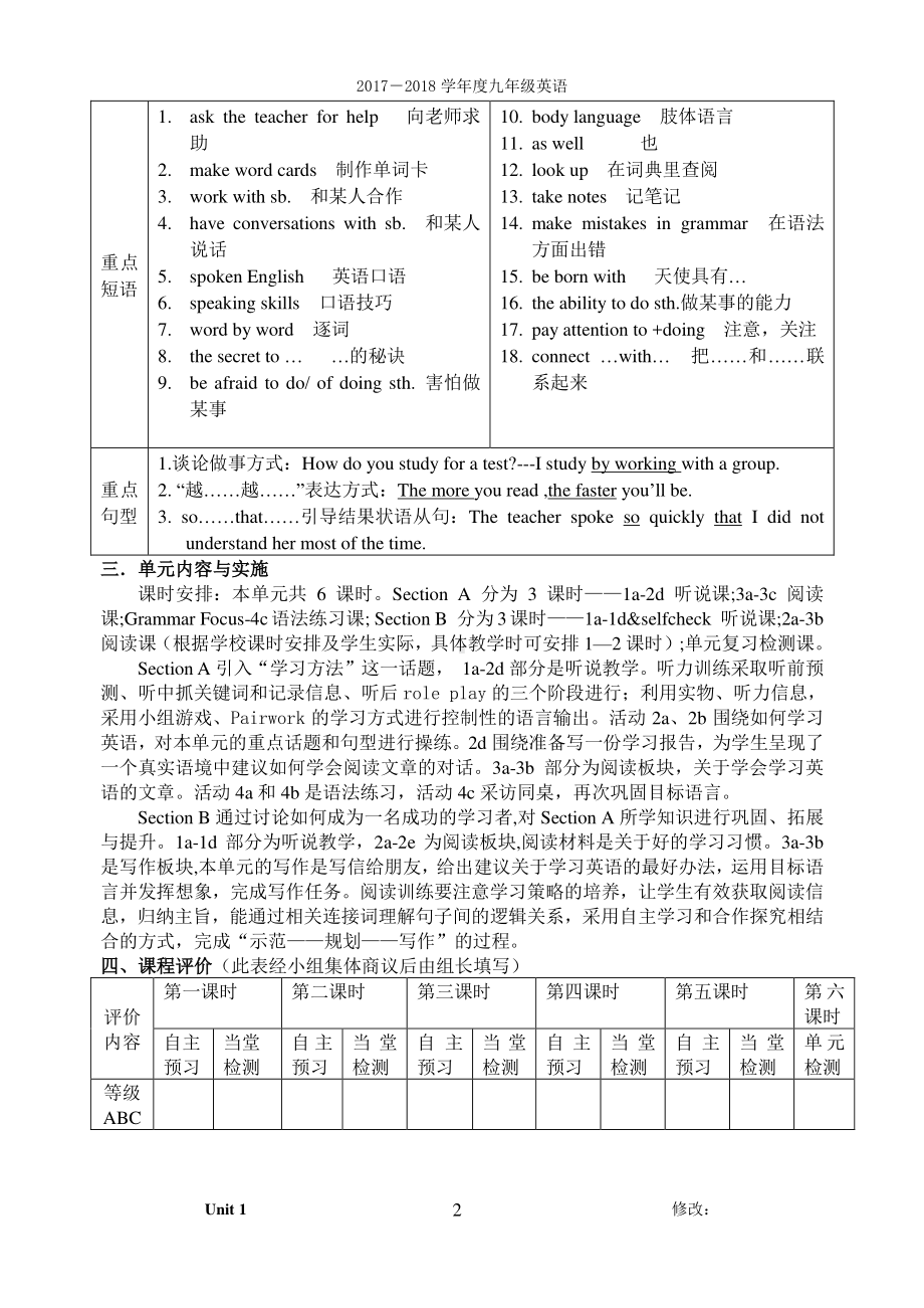 2017人教版九年级英语 Unit 1How can we become good learners导学案（无答案）.doc_第2页