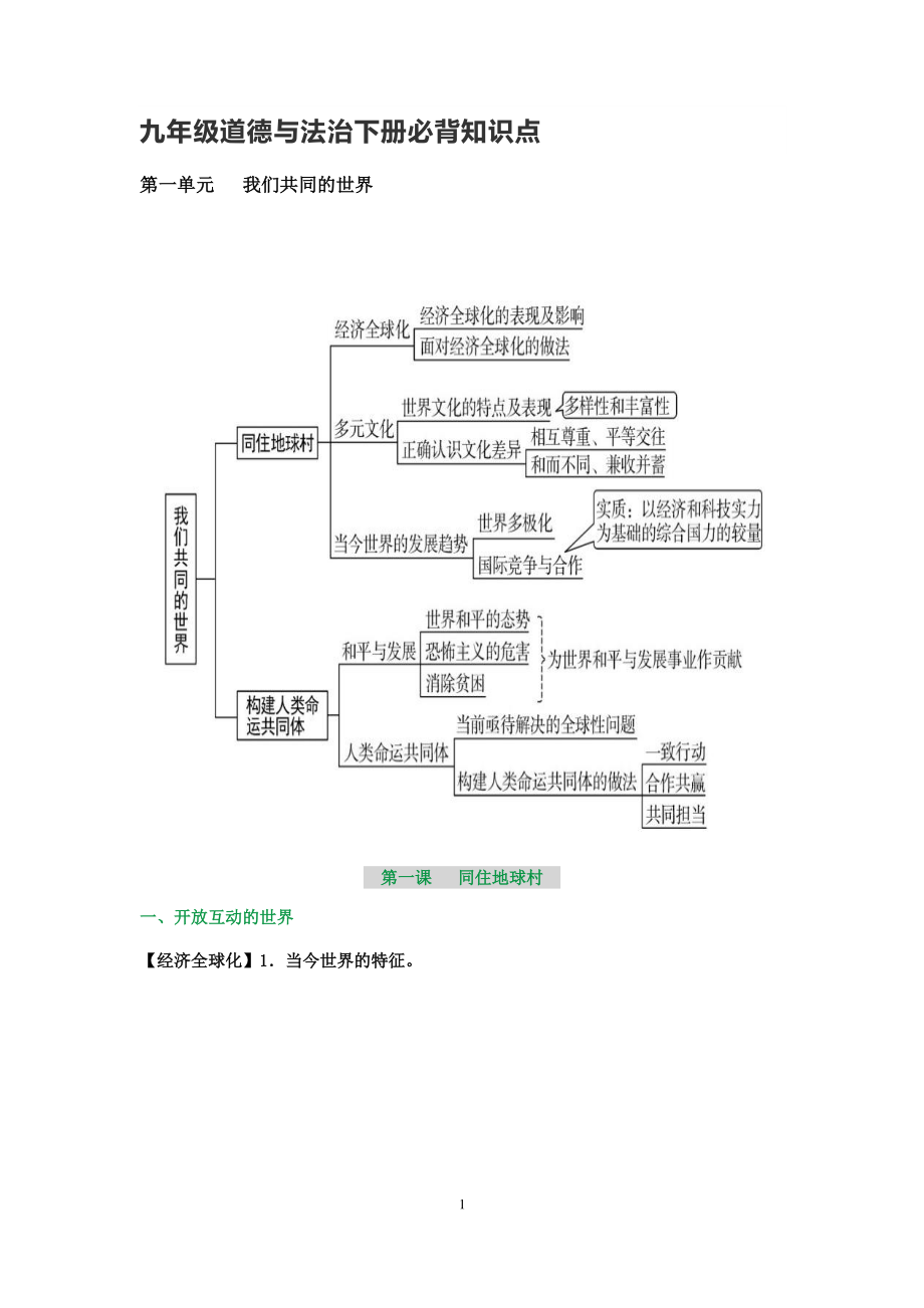 人教部编版九年级道德与法治下册必背知识点.docx_第1页