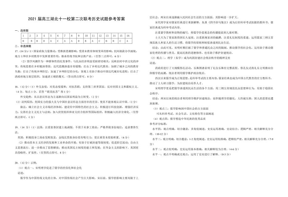 湖北省2021届高三下学期3月十一校第二次联考试题 历史 含答案（可编辑）.zip