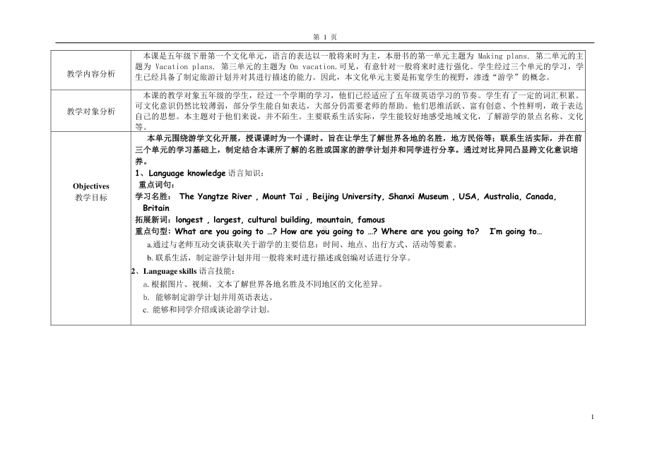 粤教版（三起）五下-Culture 1：Study Tour-教案、教学设计-公开课-(配套课件编号：90f06).docx_第1页