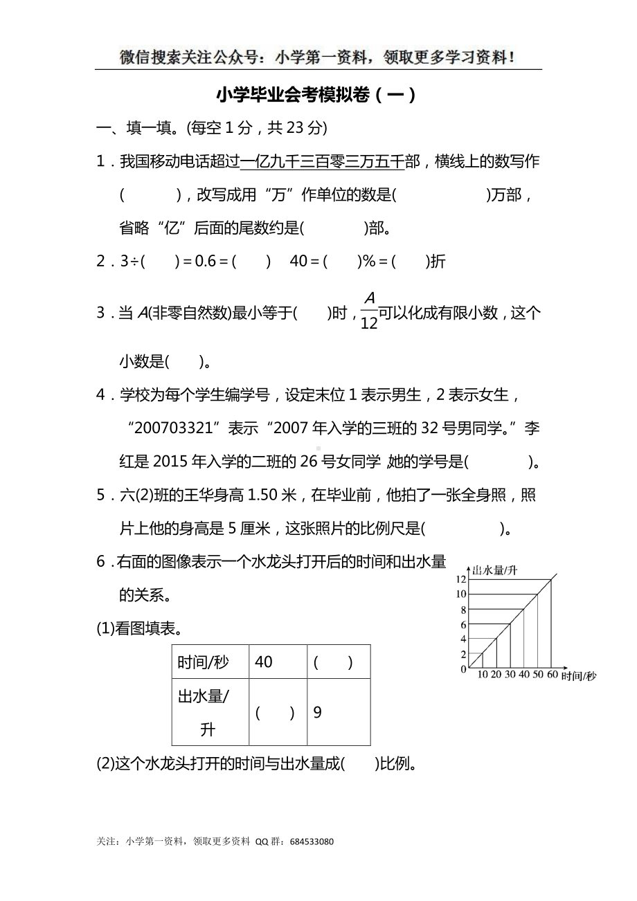 苏教版六下数学小学毕业会考模拟卷（一）.docx_第1页