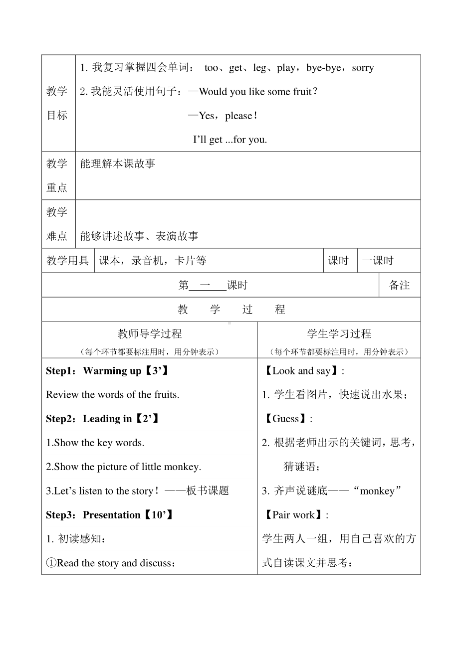 （三起）冀教版三年级下册-Unit 4 Food and Restaurants-Lesson 24 A Little Monkey-教案、教学设计-公开课-(配套课件编号：502c8).doc_第1页