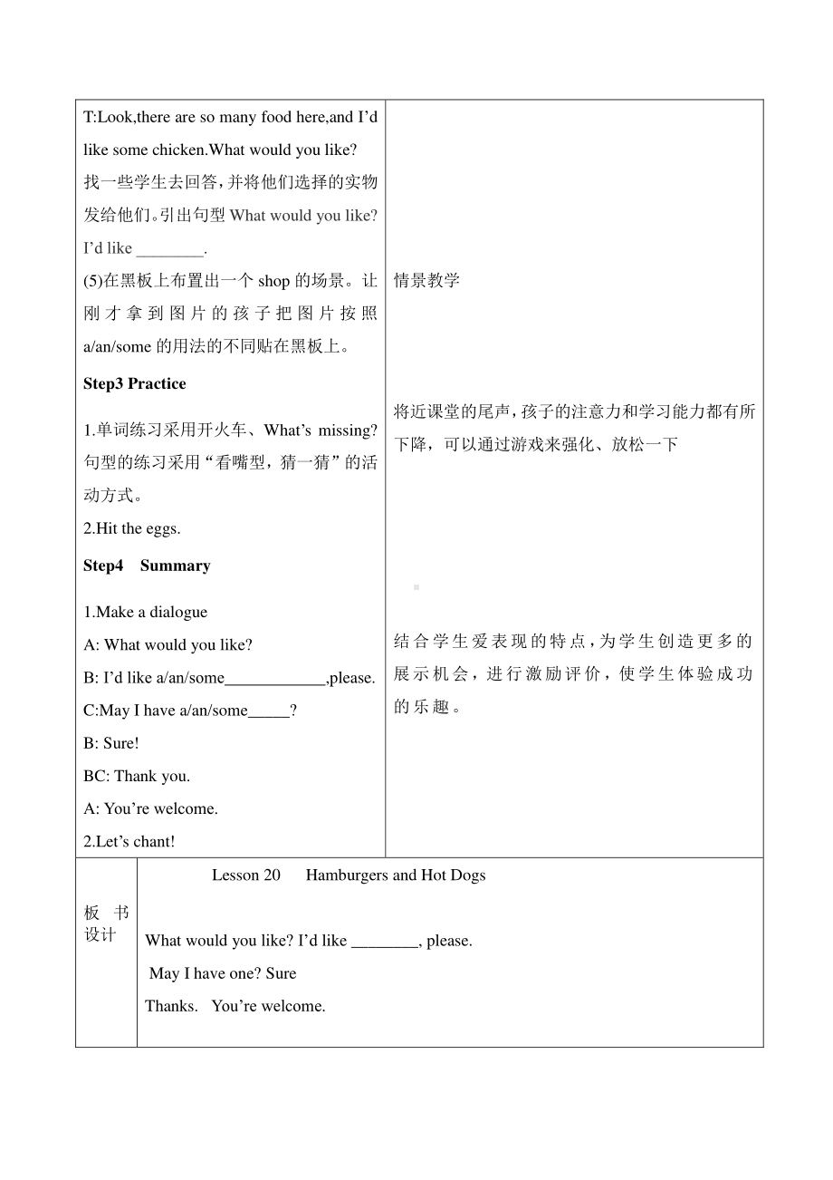 （三起）冀教版三年级下册-Unit 4 Food and Restaurants-Lesson 20 Hamburgers and Hot Dogs-教案、教学设计-公开课-(配套课件编号：500db).docx_第2页